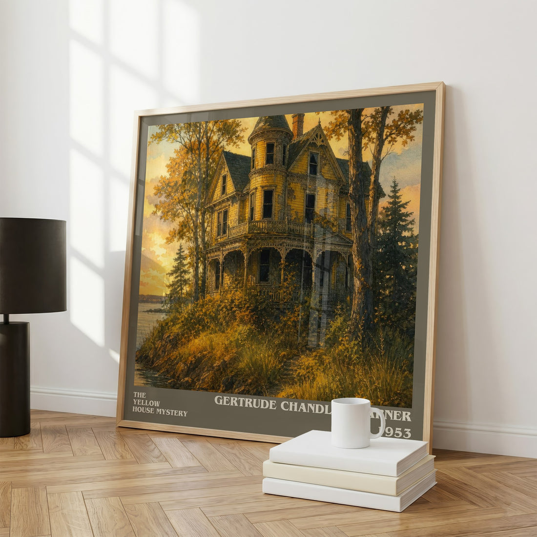 The Yellow House Mystery literary print framed by window – literary home decor