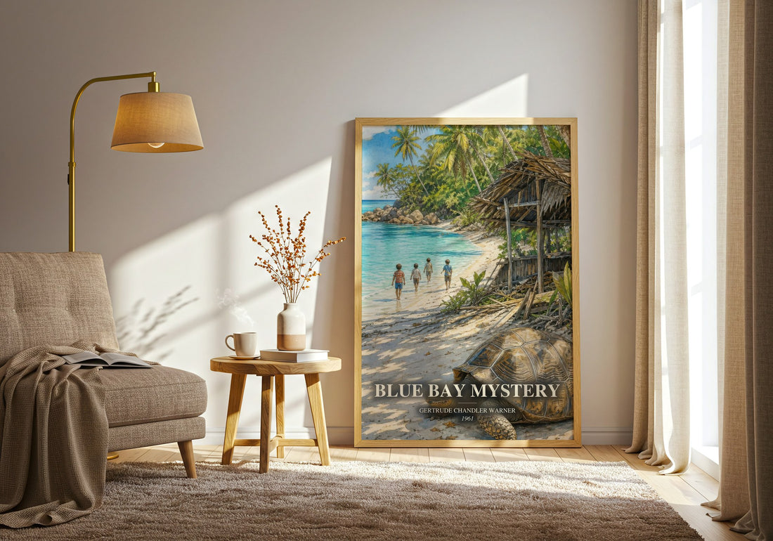 Blue Bay Mystery watercolour print in frame leaning in hallway – childrens wall art