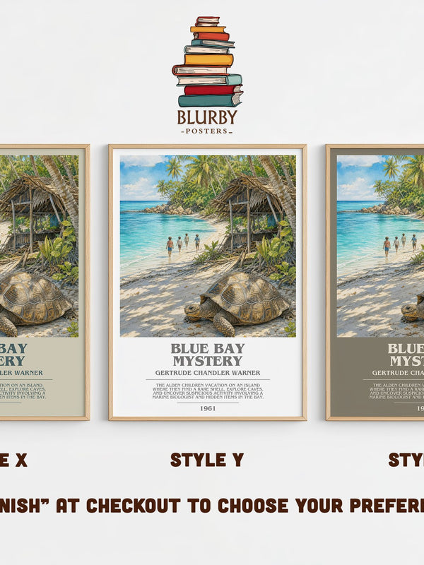 Blue Bay Mystery bookish print in frame leaning in hallway – childrens wall art
