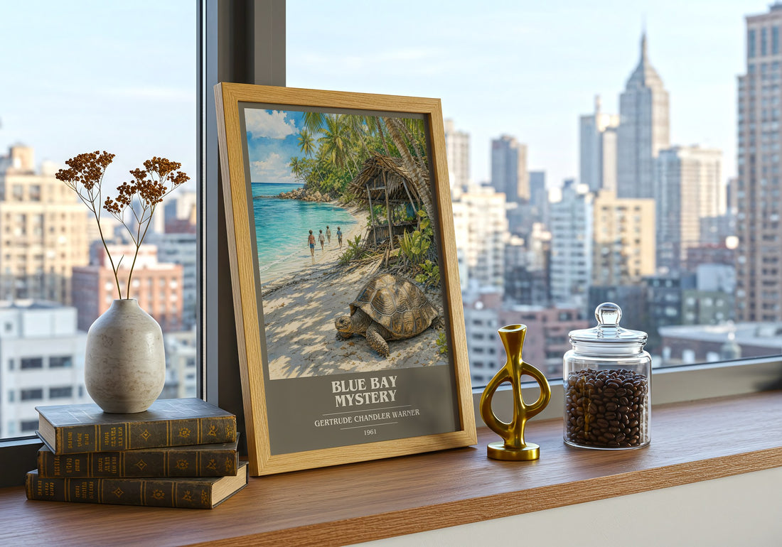 Blue Bay Mystery book cover print framed by window – literary home decor