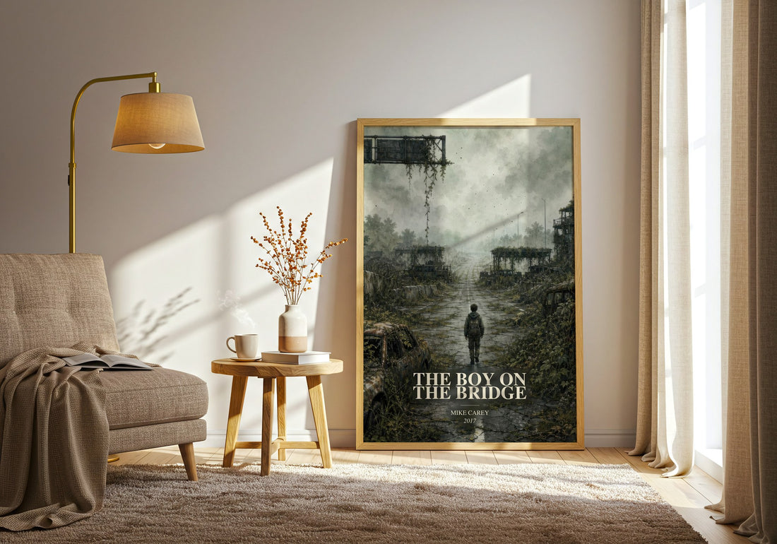The boy on the bridge watercolour print in frame leaning in hallway – sci fi wall art