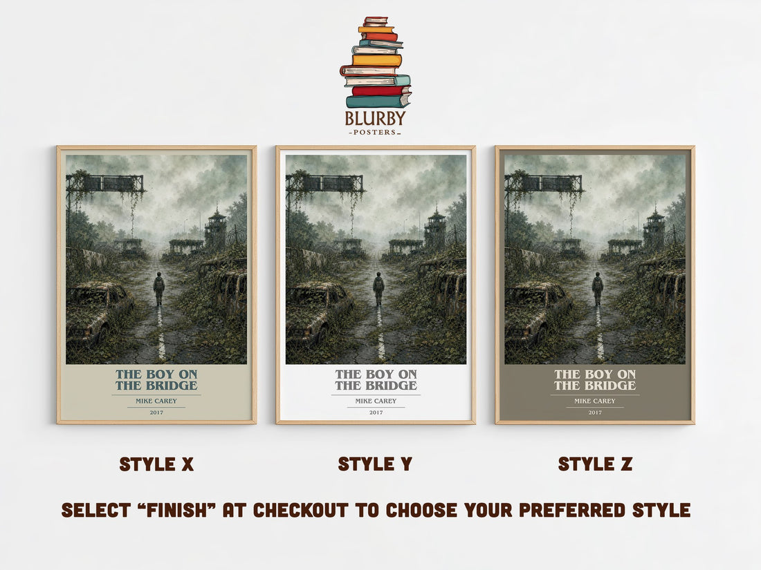 The boy on the bridge book cover print in frame leaning in hallway – sci fi wall art (mockup)