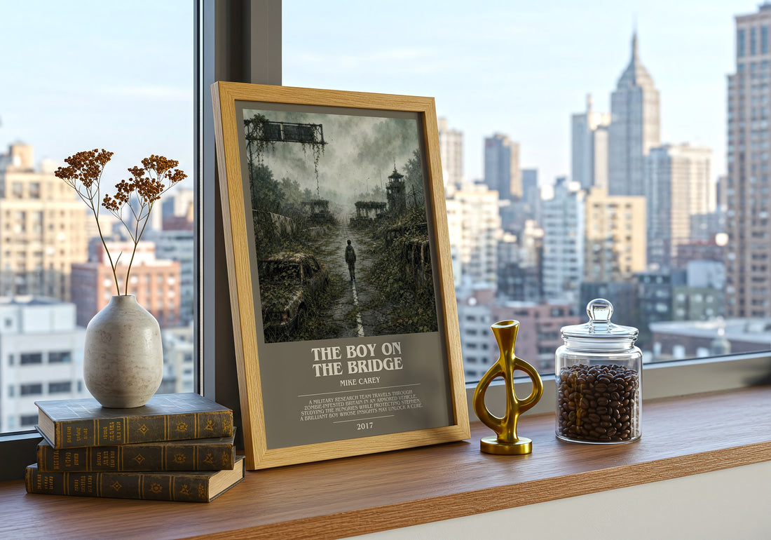 The boy on the bridge bookish print framed by window – literary home decor