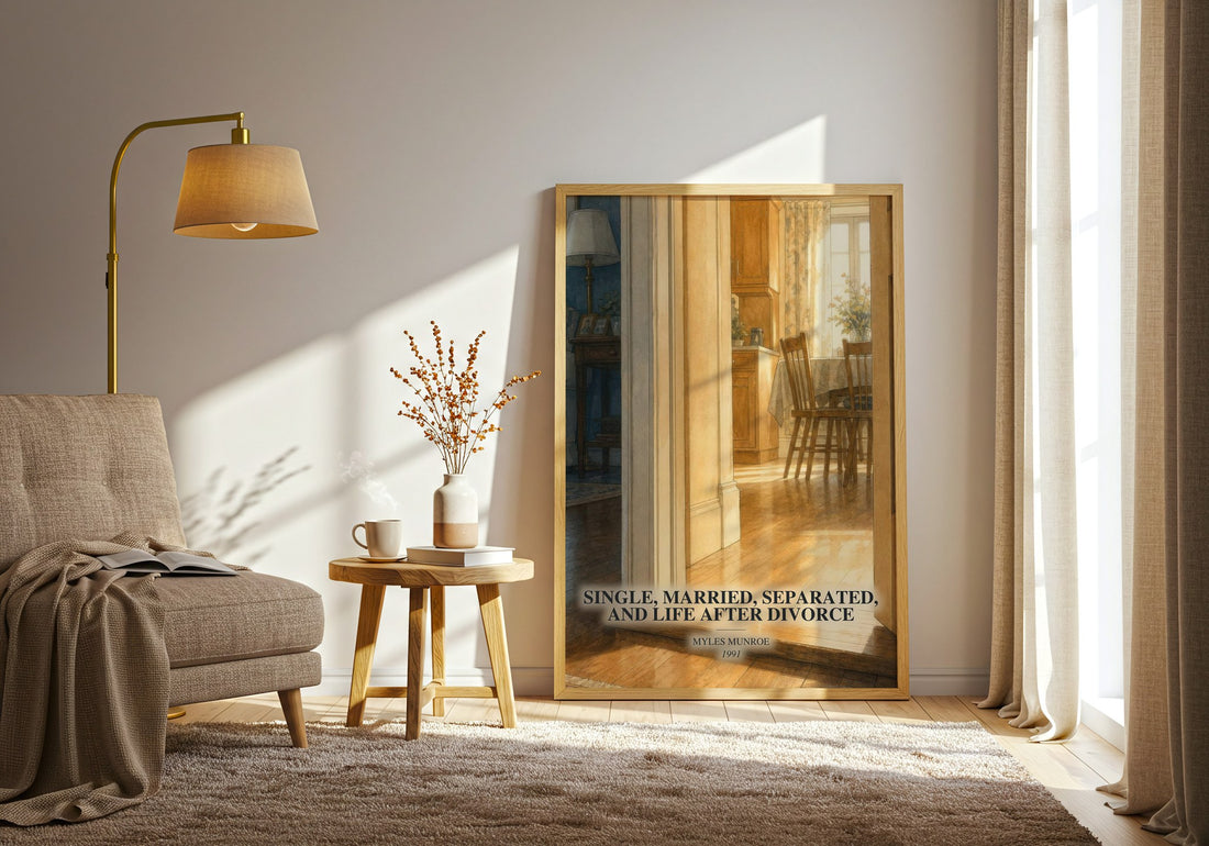 Single, married, separated, and life after divorce watercolour print in frame leaning in hallway – non fiction wall art