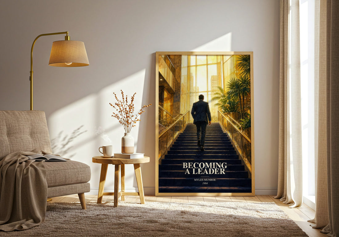 Becoming a leader watercolour print in frame leaning in hallway – non fiction wall art