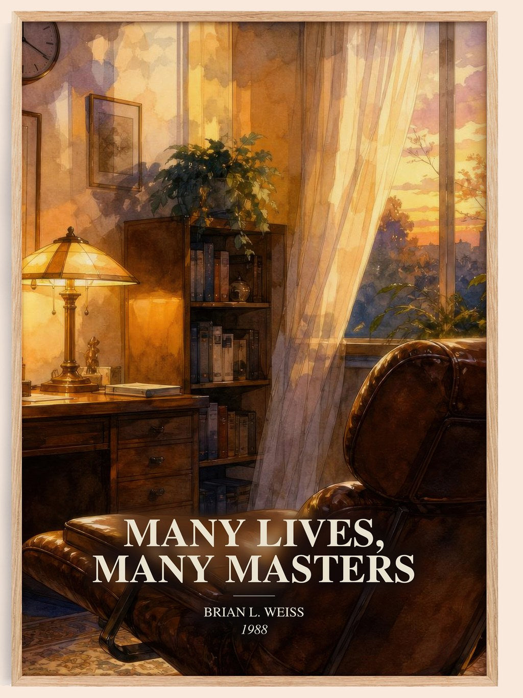 Many Lives, Many Masters watercolour book poster by Brian L. Weiss – framed literary art print