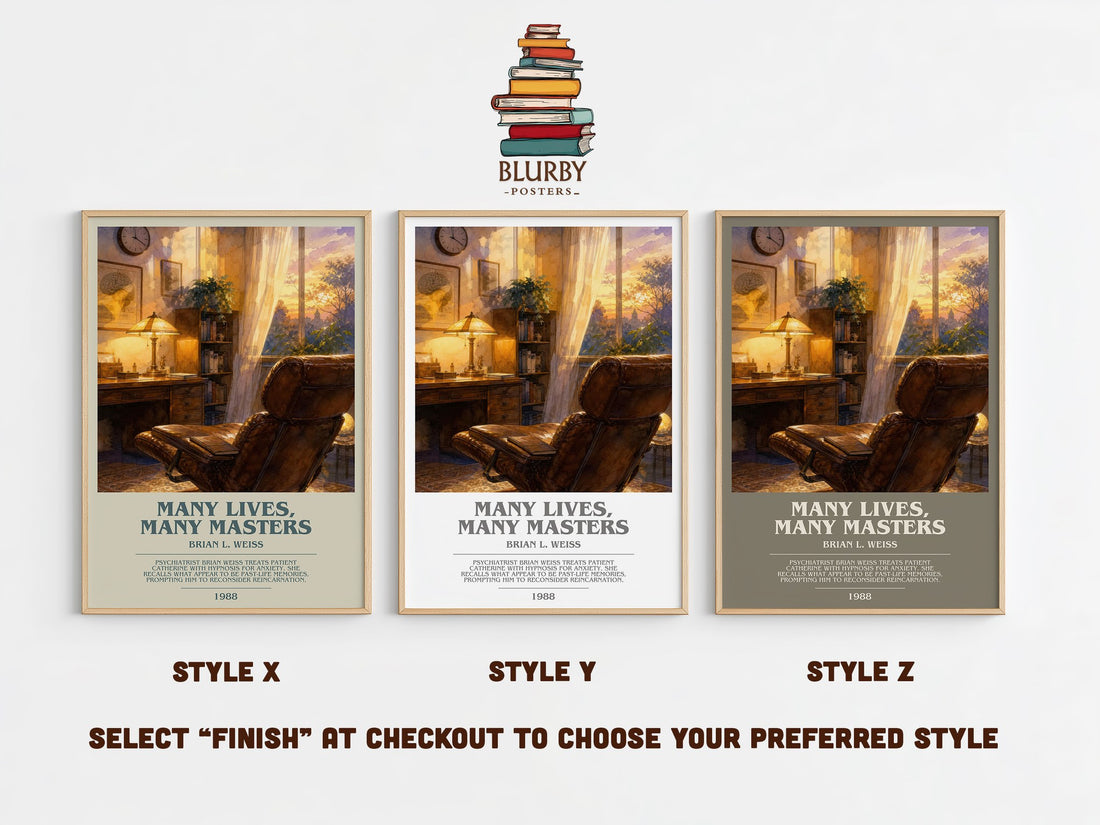Many Lives, Many Masters bookish print in frame leaning in hallway – memoir wall art (mockup)