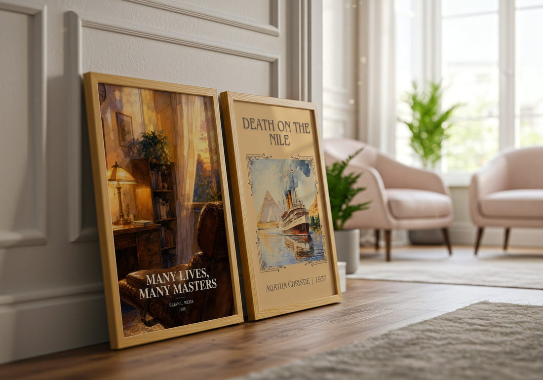 Many Lives, Many Masters watercolour print framed by window – literary home decor