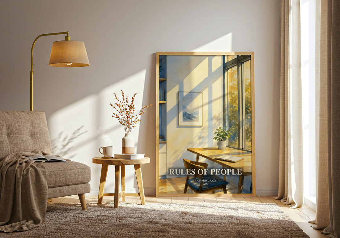 Rules of People watercolour print in frame leaning in hallway – non fiction wall art
