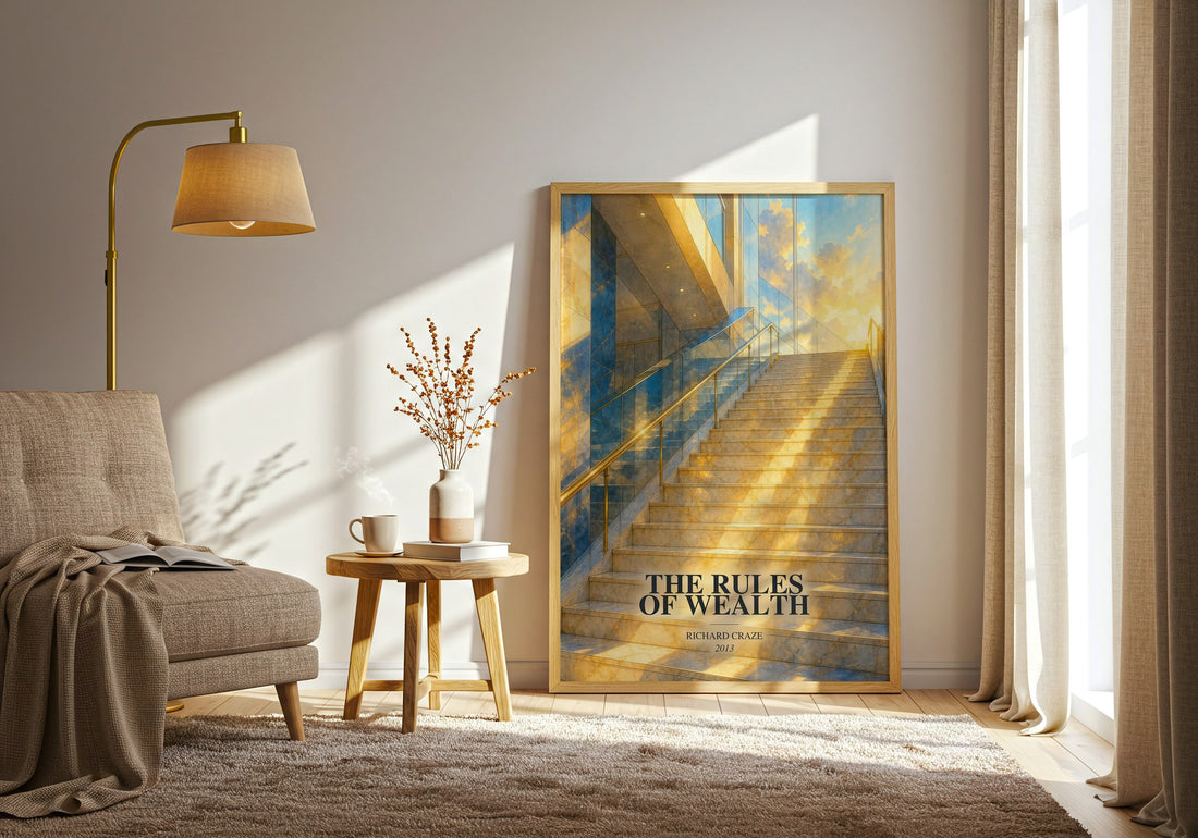 The Rules of Wealth watercolour print in frame leaning in hallway – non fiction wall art