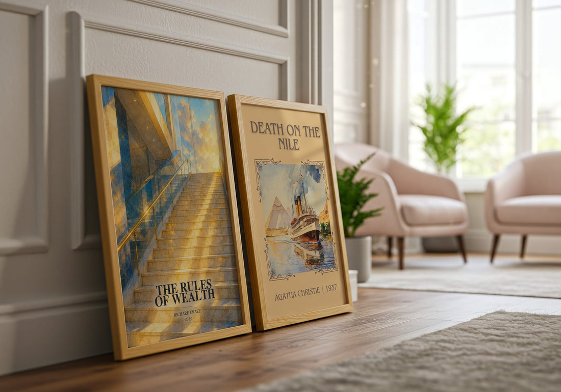 The Rules of Wealth watercolour print framed by window – literary home decor