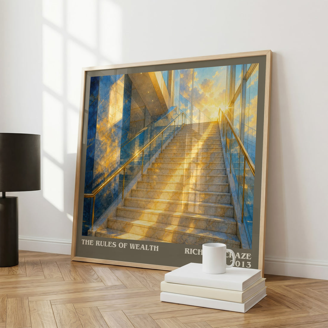 The Rules of Wealth literary print framed by window – literary home decor