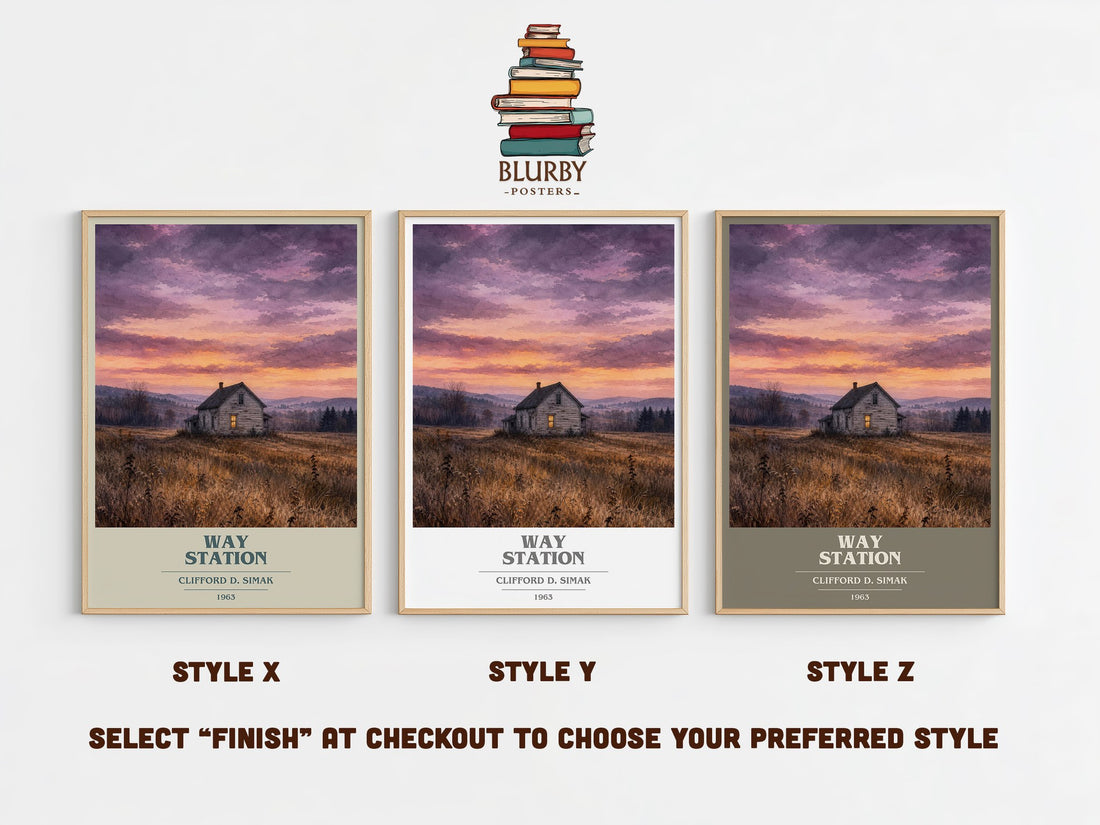 Way station book cover print in frame leaning in hallway – sci fi wall art (mockup)
