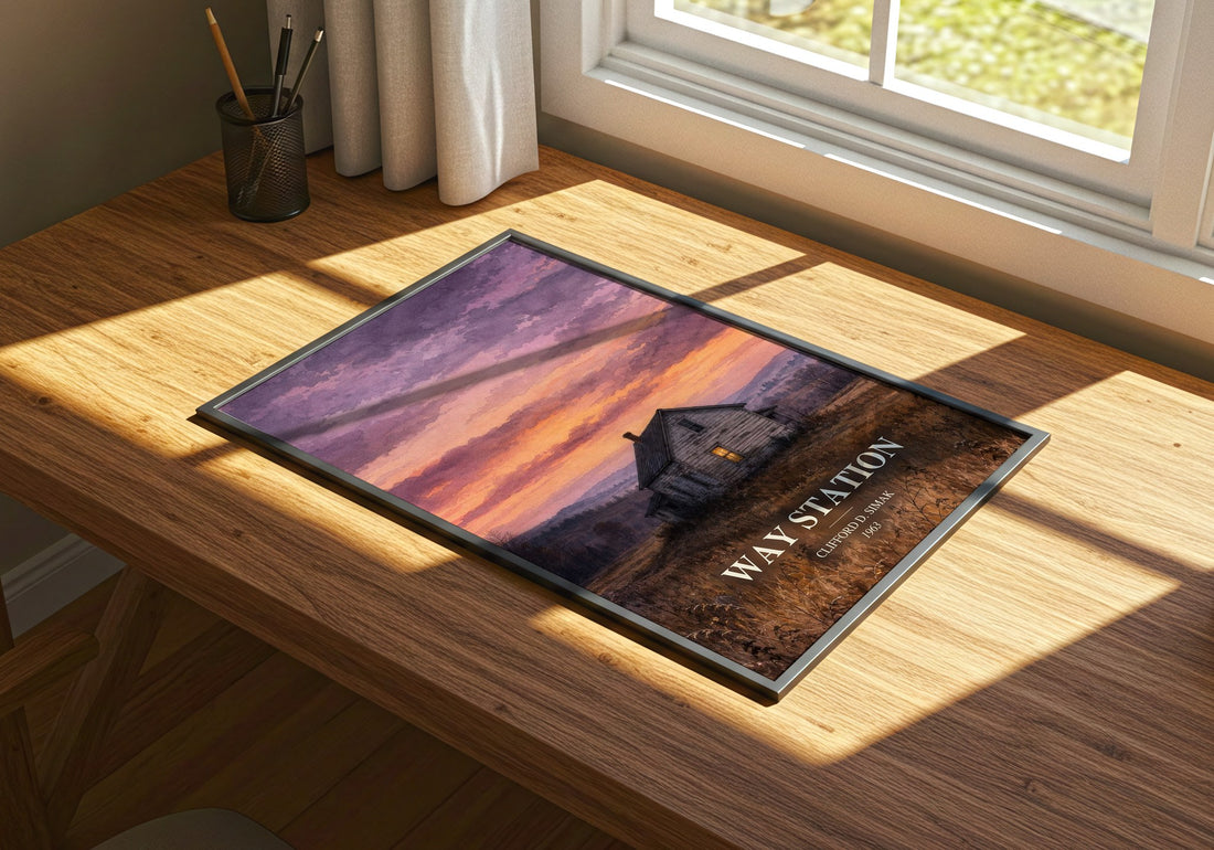 Way station watercolour book poster framed on wall – sci fi wall art