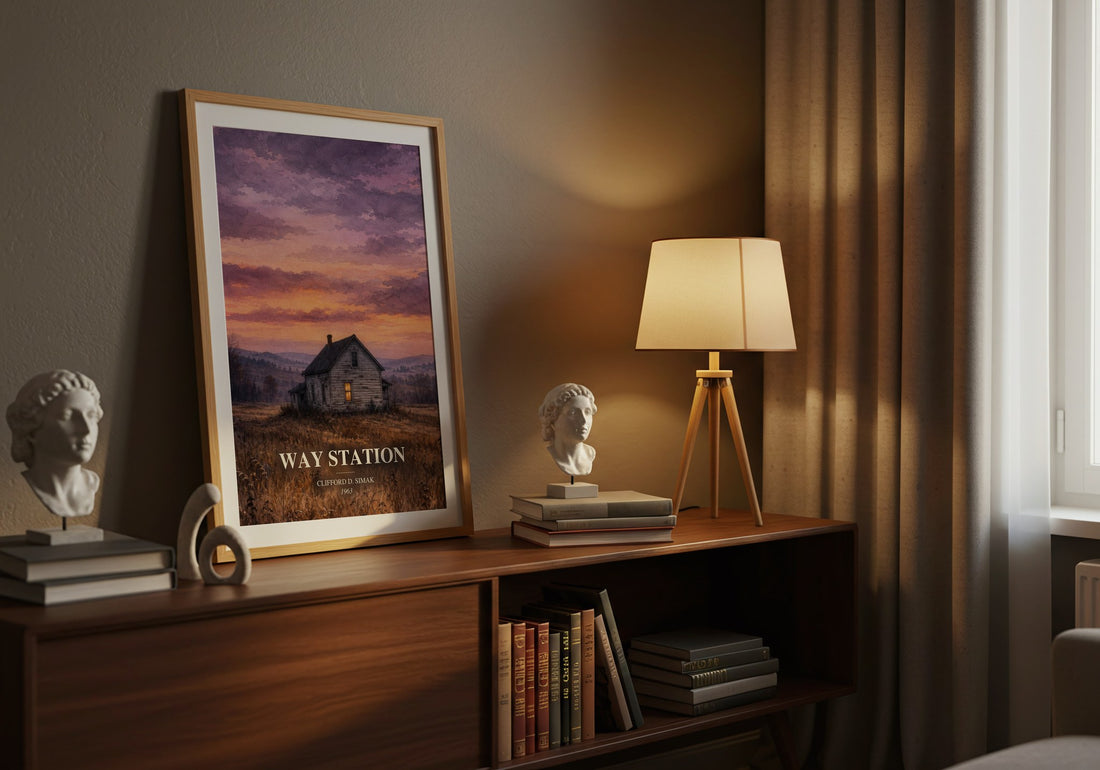 Way station watercolour print on bookshelf – Clifford D. Simak fan gift