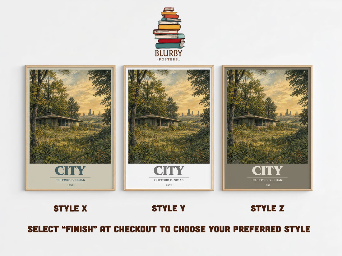 City book cover print in frame leaning in hallway – sci fi wall art (mockup)