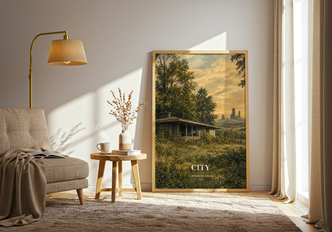 City watercolour print in frame leaning in hallway – sci fi wall art
