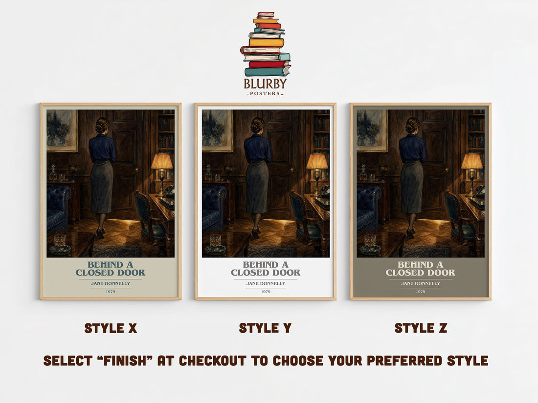 Behind A Closed Door book cover print in frame leaning in hallway – romance wall art (mockup)