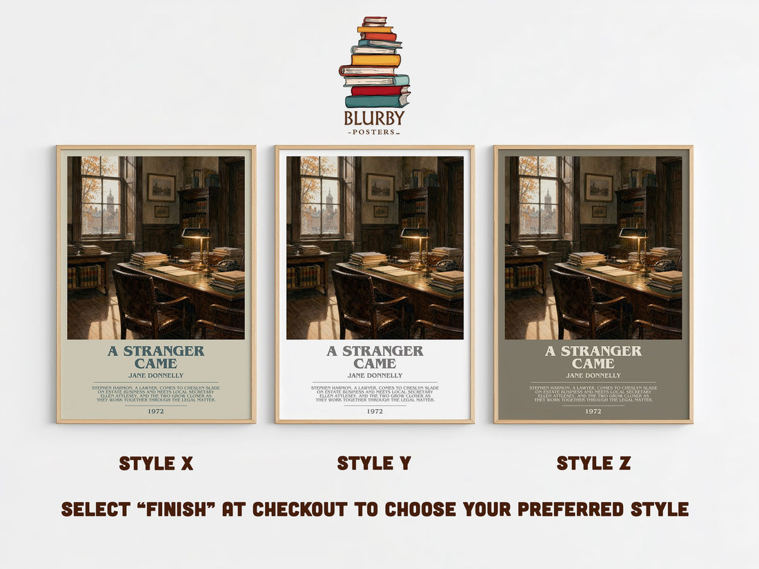 A Stranger Came bookish print in frame leaning in hallway – romance wall art (mockup)