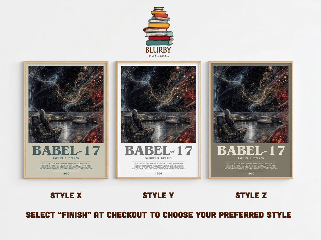 Babel-17 bookish print in frame leaning in hallway – sci fi wall art (mockup)
