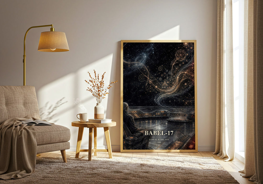 Babel-17 watercolour print in frame leaning in hallway – sci fi wall art