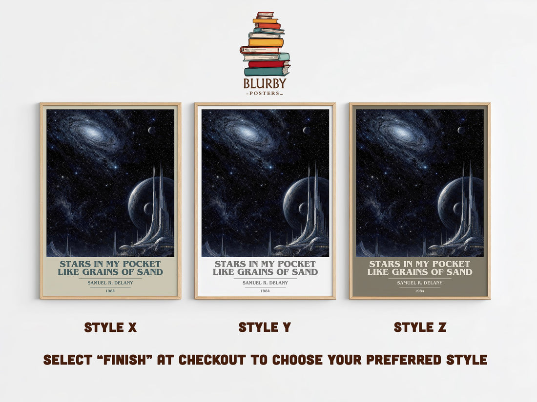 Stars in my pocket like grains of sand book cover print in frame leaning in hallway – sci fi wall art (mockup)