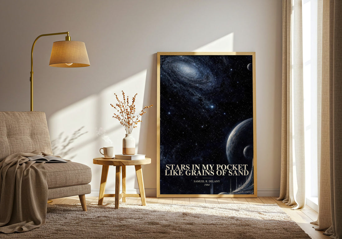 Stars in my pocket like grains of sand watercolour print in frame leaning in hallway – sci fi wall art