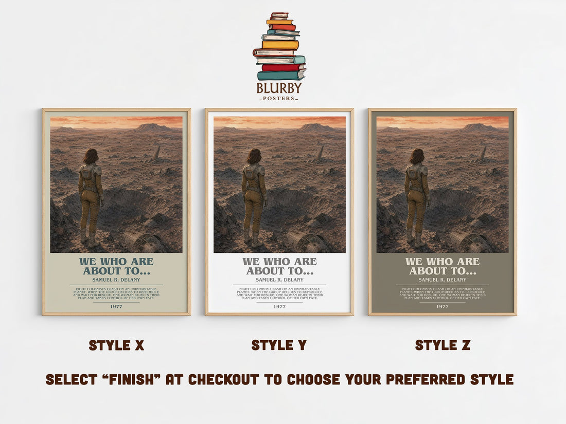 We Who Are About To... bookish print in frame leaning in hallway – sci fi wall art (mockup)