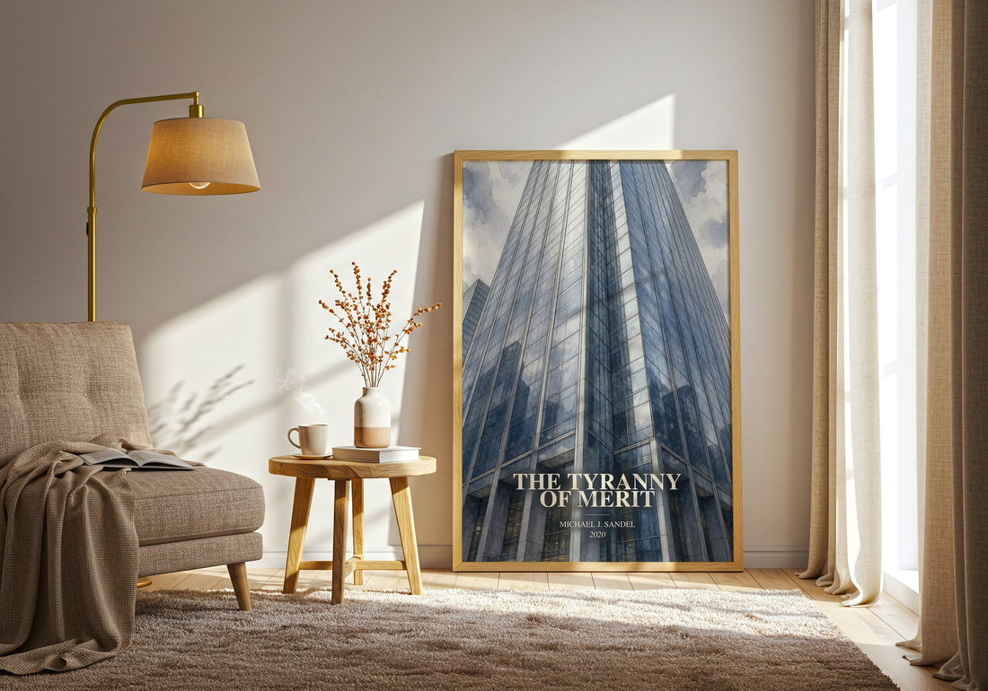 The Tyranny of Merit watercolour print in frame leaning in hallway – philosophy wall art