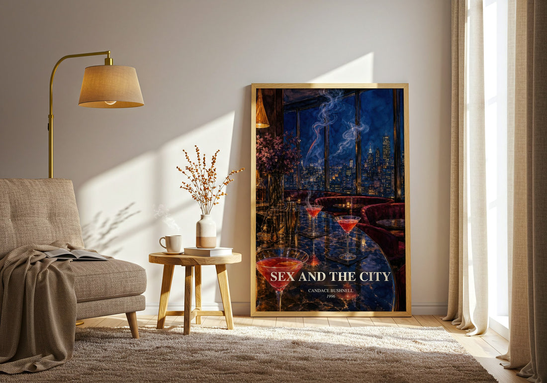 Sex and the City watercolour print in frame leaning in hallway – contemporary fiction wall art