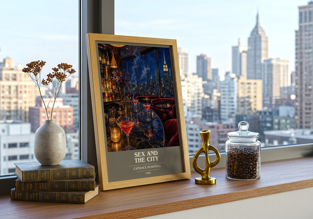 Sex and the City book cover print framed by window – literary home decor