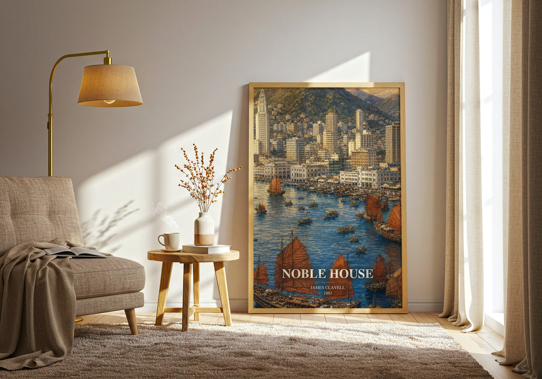 Noble House watercolour print in frame leaning in hallway – historical fiction wall art