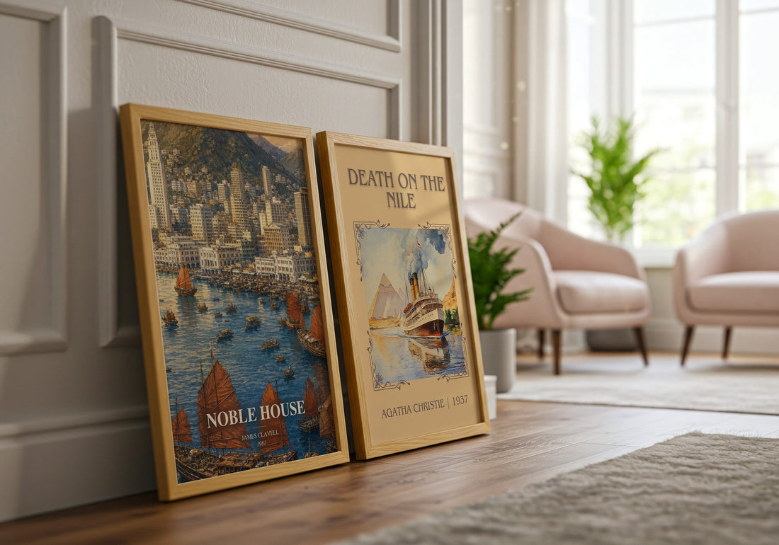 Noble House watercolour print framed by window – literary home decor