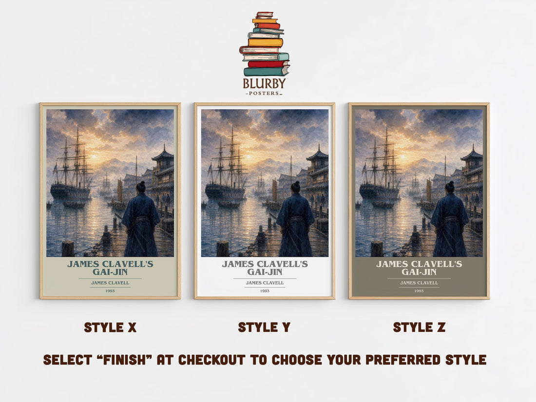 James Clavell's Gai-Jin book cover print in frame leaning in hallway – historical fiction wall art (mockup)