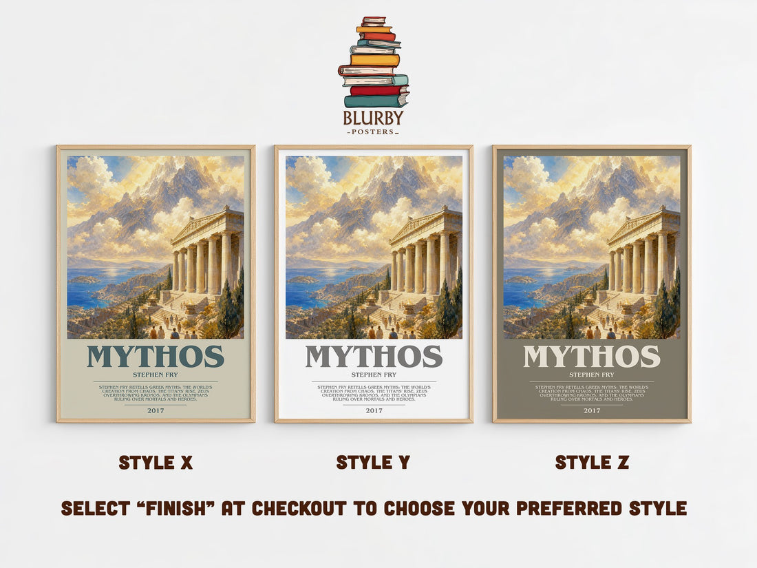 Mythos bookish print in frame leaning in hallway – non fiction wall art (mockup)