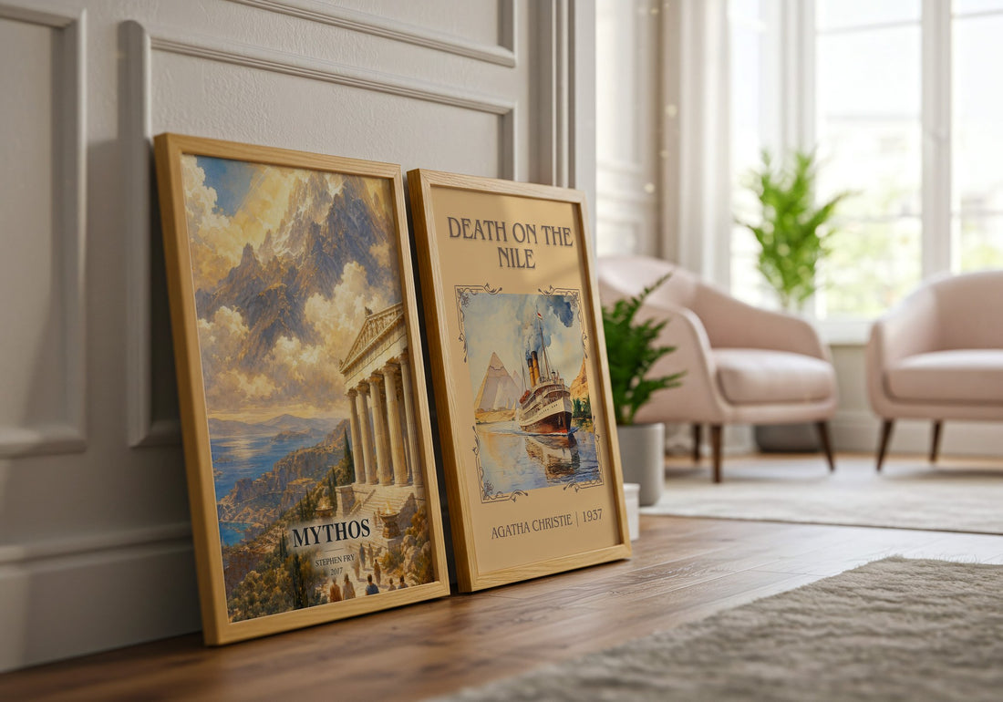 Mythos watercolour print framed by window – literary home decor