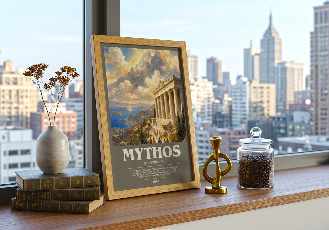 Mythos bookish print framed by window – literary home decor