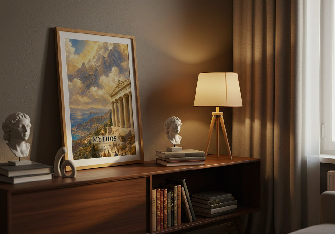 Mythos watercolour print on bookshelf – Stephen Fry fan gift