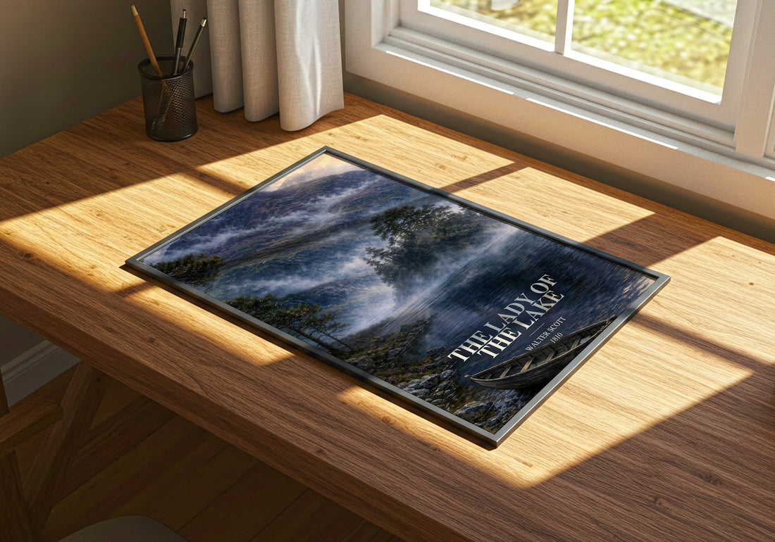 The lady of the lake watercolour book poster framed on wall – poetry wall art