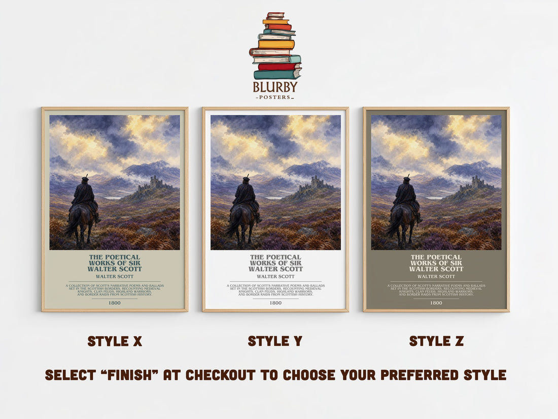 The poetical works of Sir Walter Scott bookish print in frame leaning in hallway – poetry wall art (mockup)