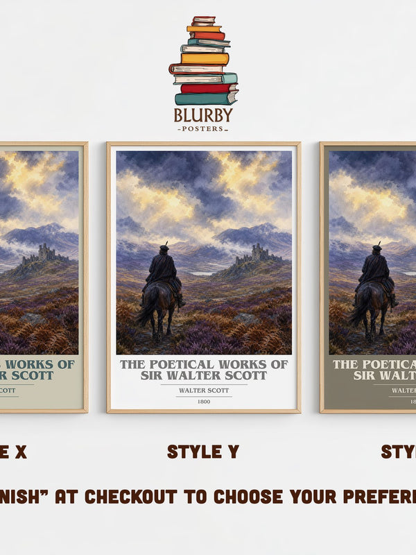 The poetical works of Sir Walter Scott book cover print in frame leaning in hallway – poetry wall art