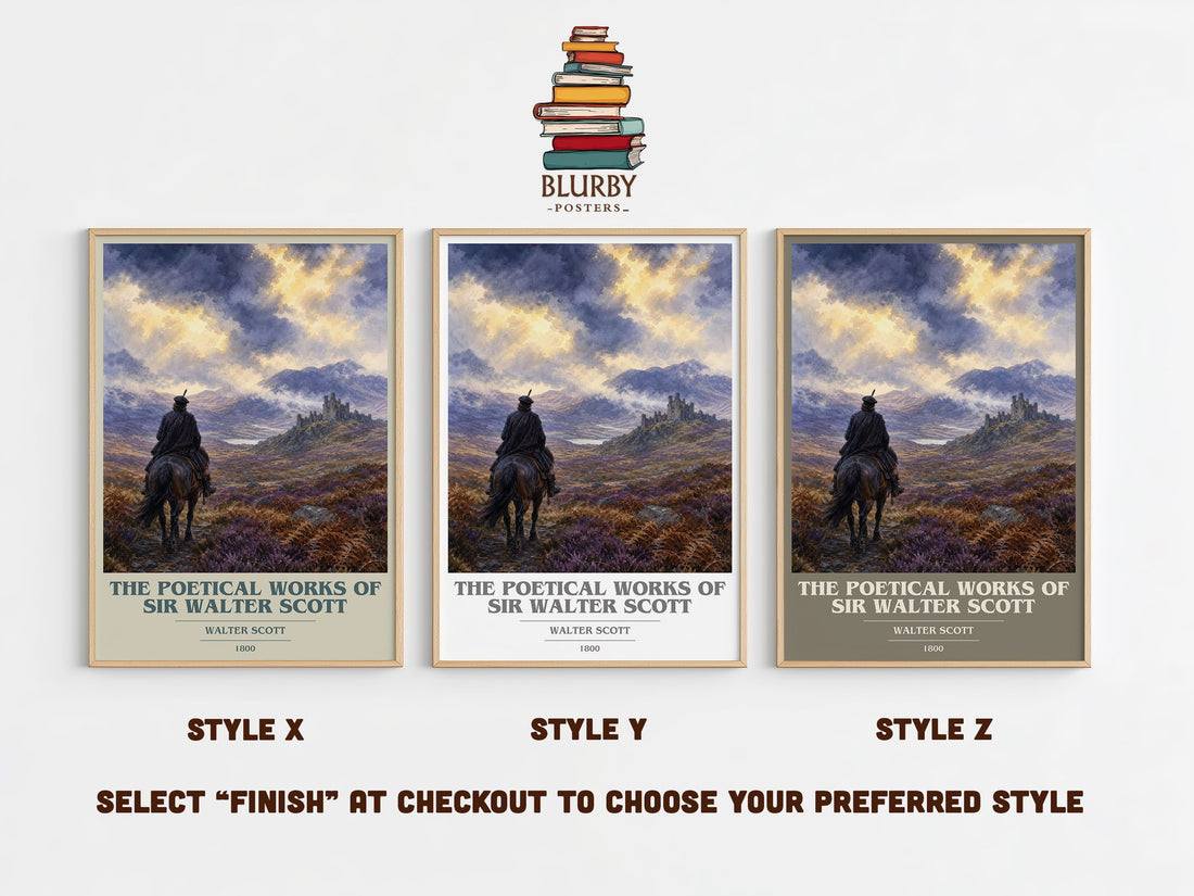 The poetical works of Sir Walter Scott book cover print in frame leaning in hallway – poetry wall art (mockup)