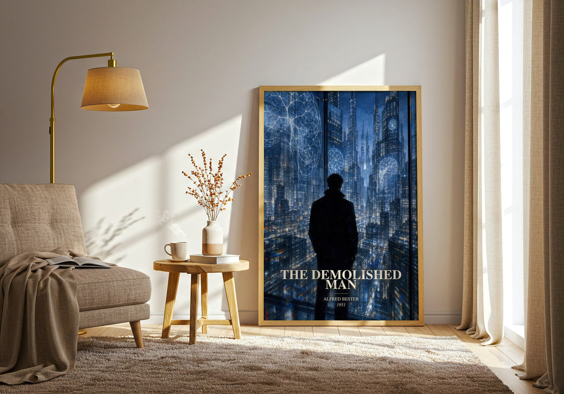 The Demolished Man watercolour print in frame leaning in hallway – sci fi wall art