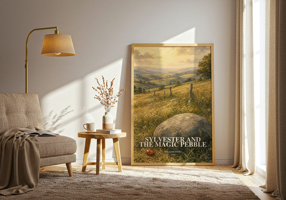 Sylvester and the magic pebble watercolour print in frame leaning in hallway – childrens wall art