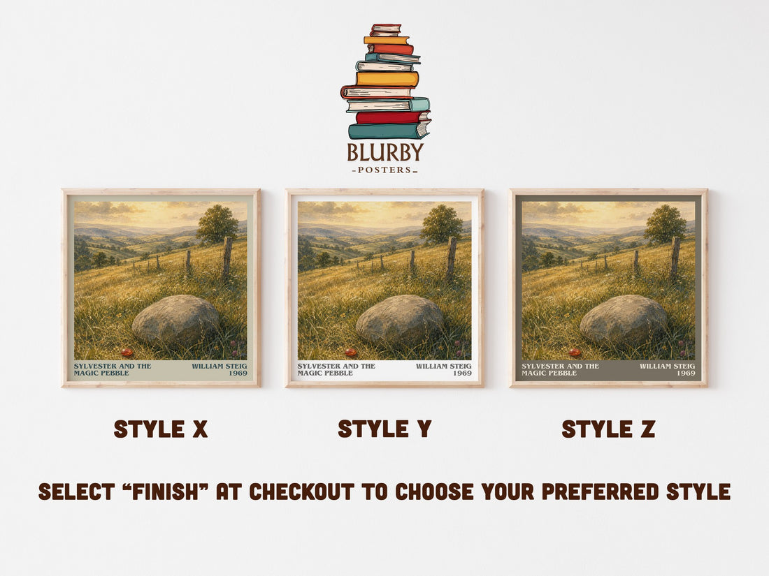 Sylvester and the magic pebble literary print in frame leaning in hallway – childrens wall art (mockup)