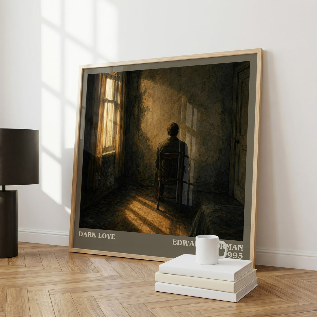 Dark Love literary print framed by window – literary home decor