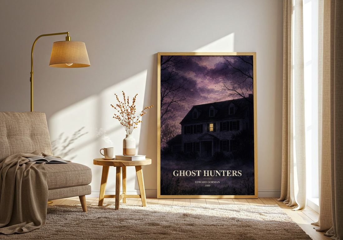Ghost hunters watercolour print in frame leaning in hallway – horror wall art