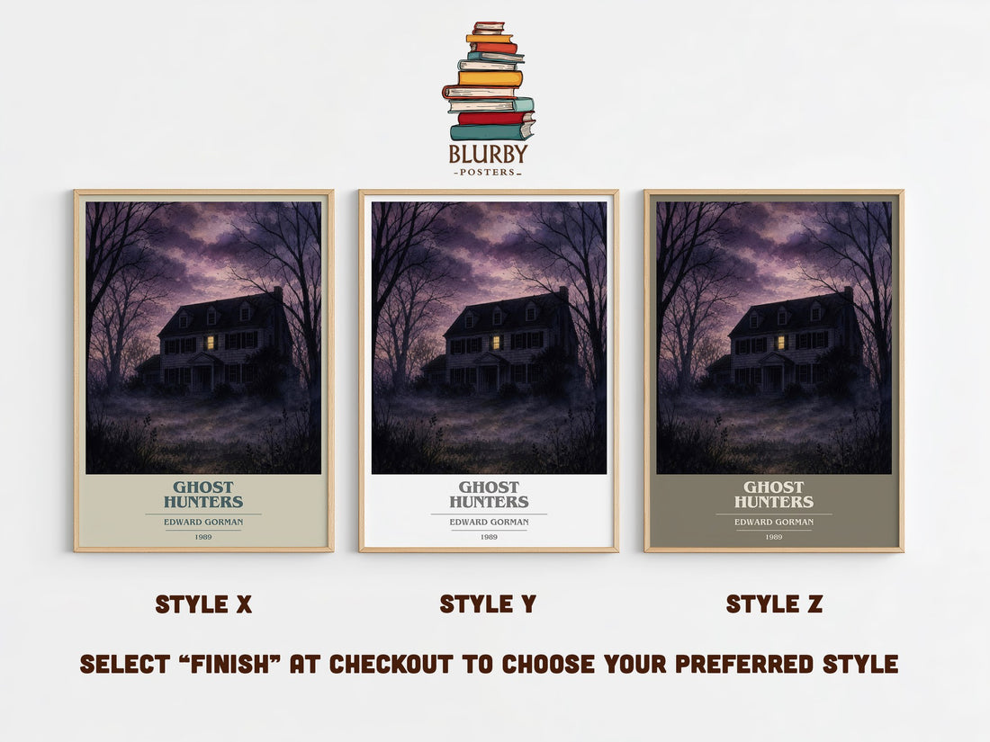 Ghost hunters book cover print in frame leaning in hallway – horror wall art (mockup)