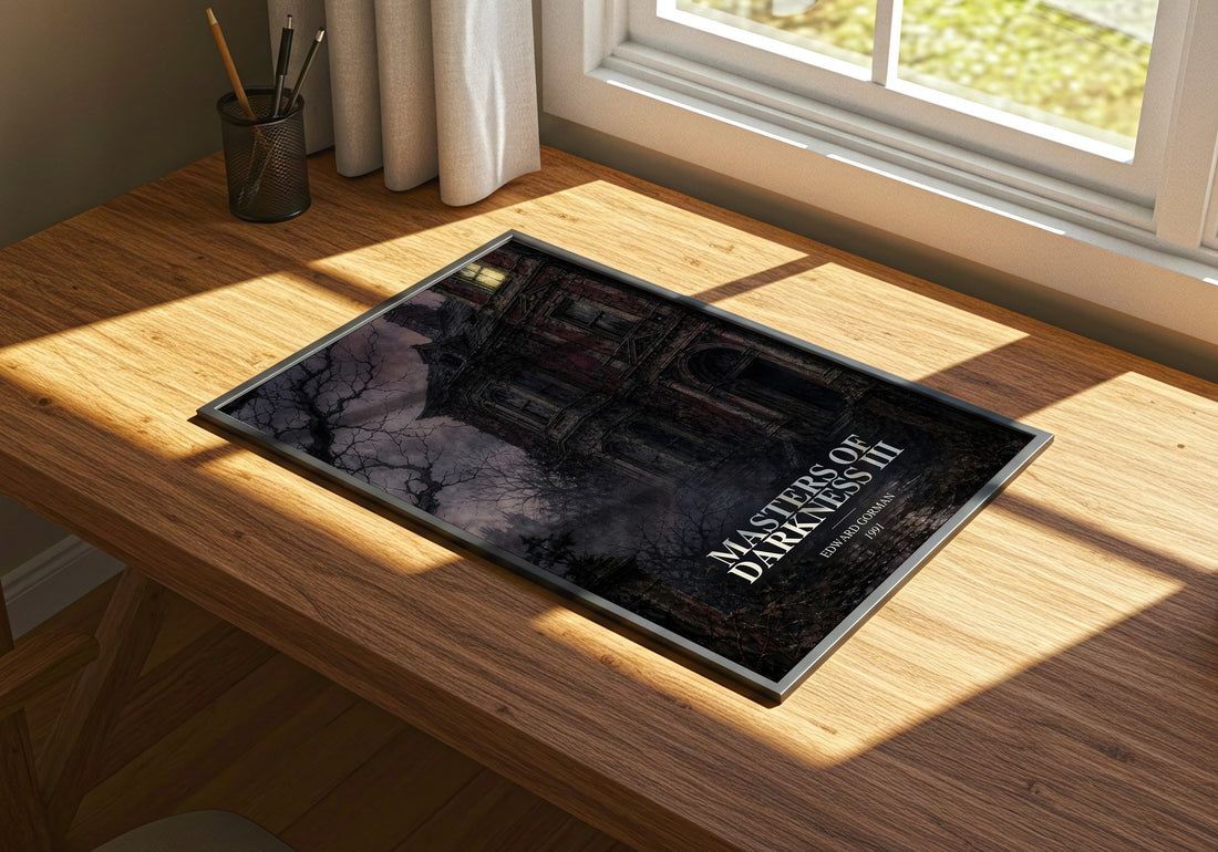 Masters of Darkness III watercolour book poster framed on wall – horror wall art