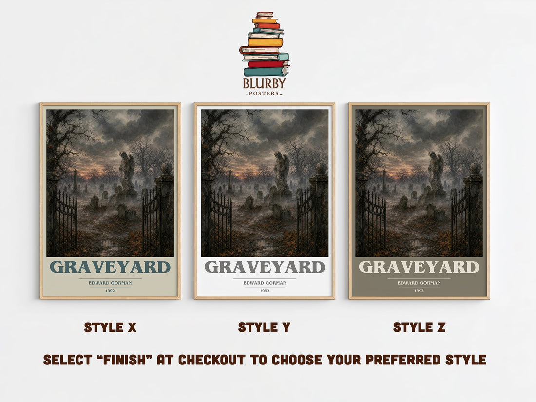 Graveyard book cover print in frame leaning in hallway – crime wall art (mockup)